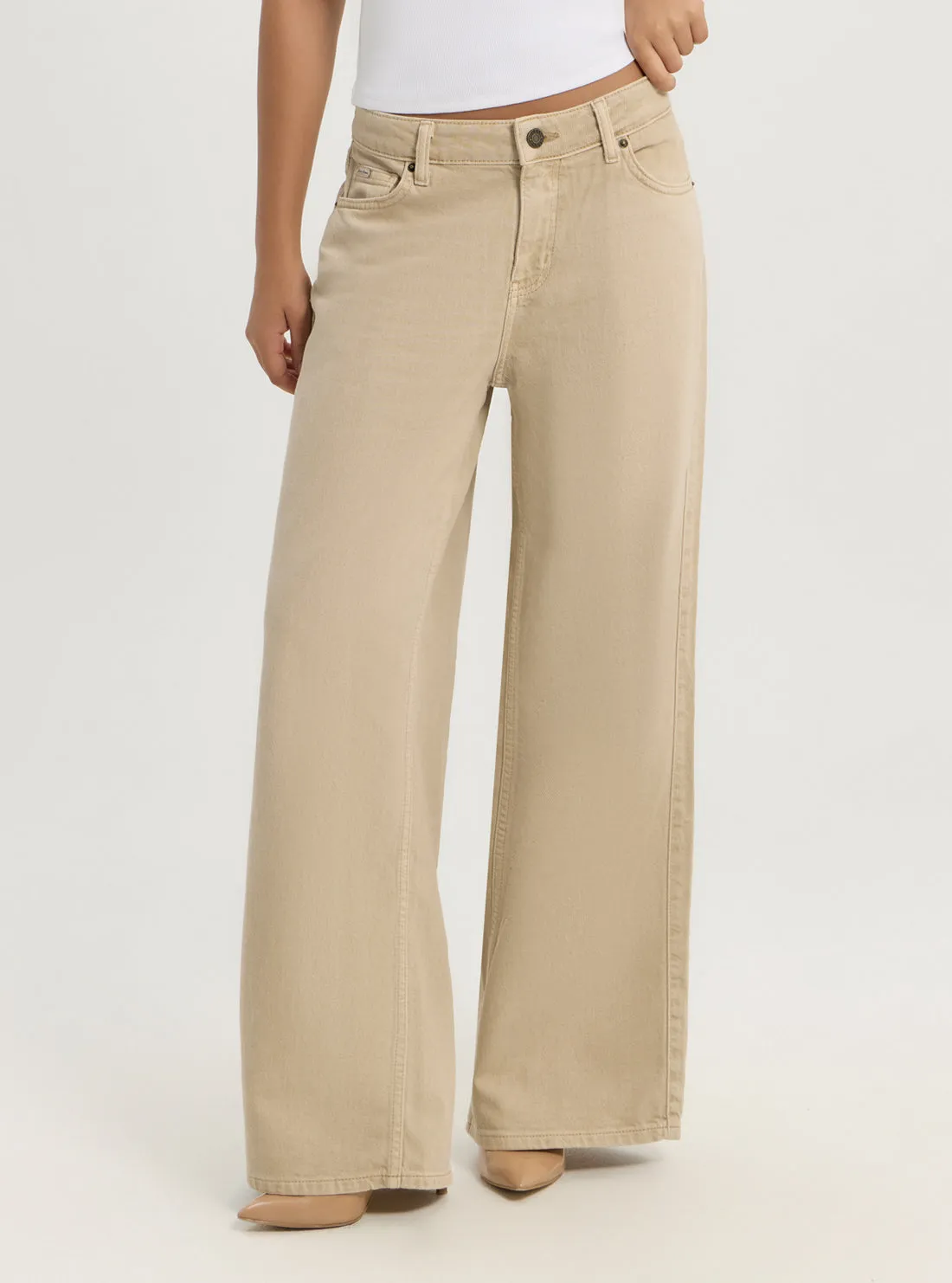 Celana Jeans Wanita Guess G11 Wide Leg Warna Beige