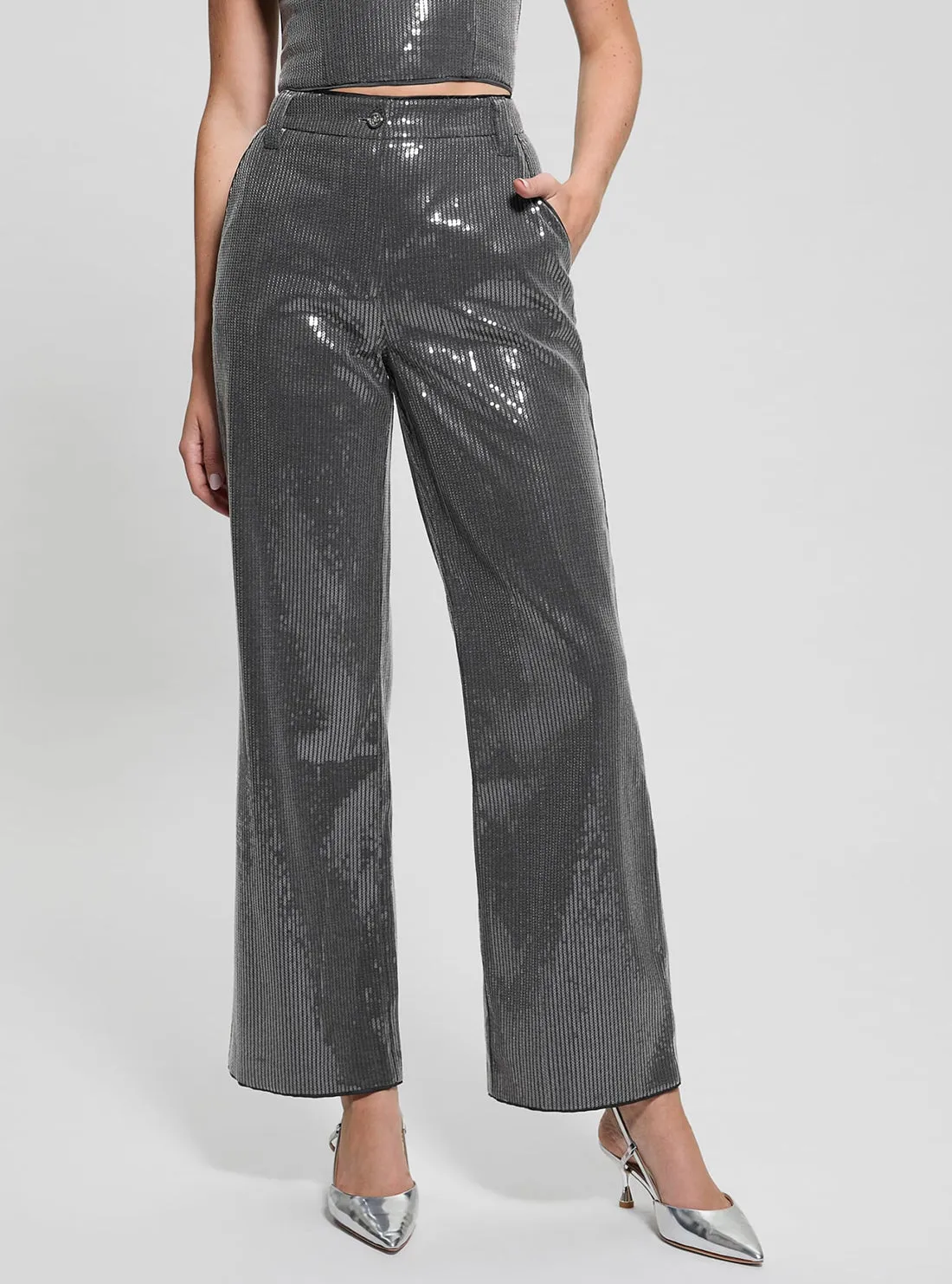 Celana Panjang Wanita Guess Grey Cassia Sequins Wide Leg