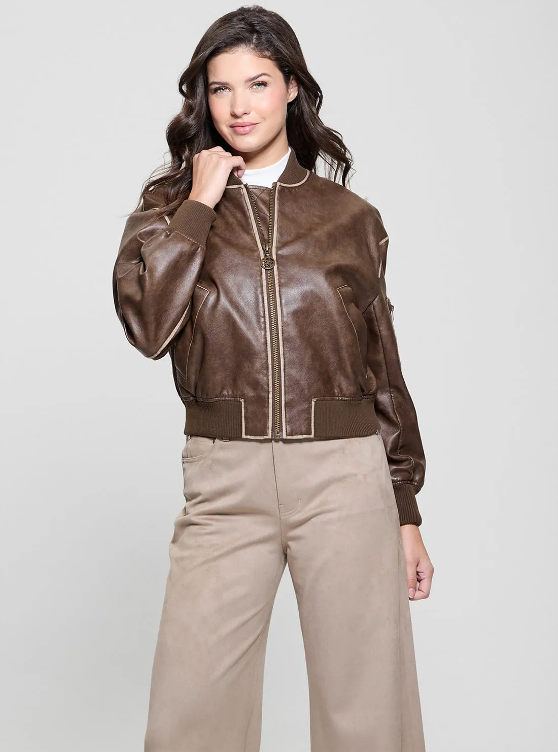 Jaket Bomber Wanita GUESS Brown Angelique Vintage