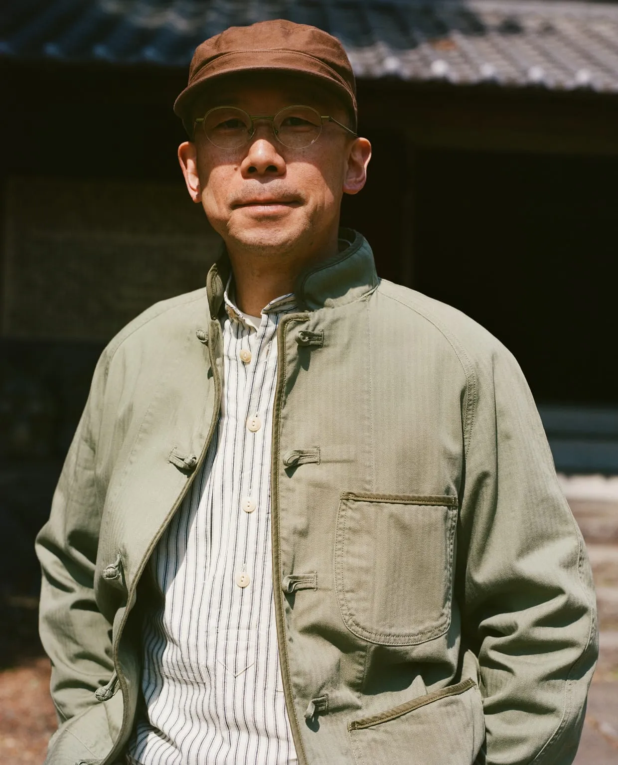 Jaket Pria Olive Herringbone Cotton Artist Chore Jacket