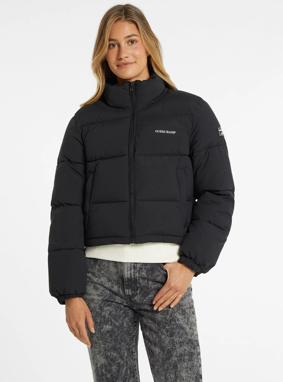 Jaket Puffer Wanita Guess Jeans Hitam Crop