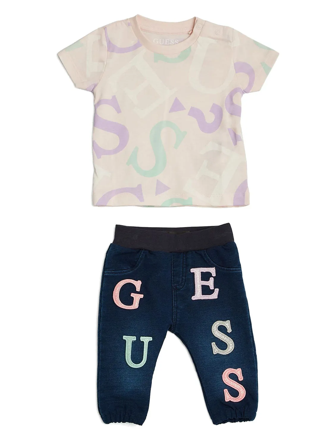 Setelan Baju Celana Bayi Perempuan Guess Purple Allover G Logo