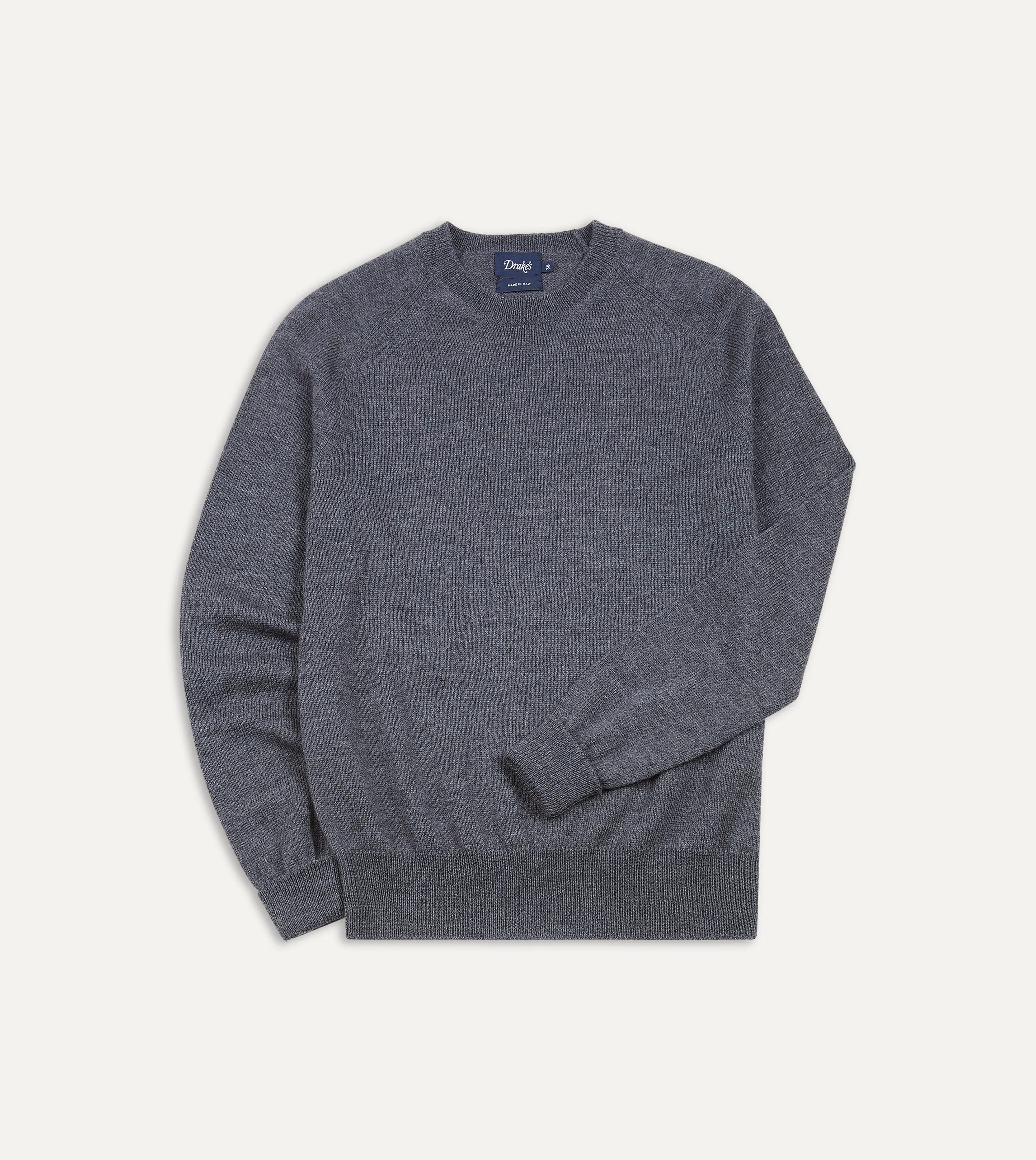 Sweater Rajut Pria Drake's Grey Melange Merino Wool Crew Neck