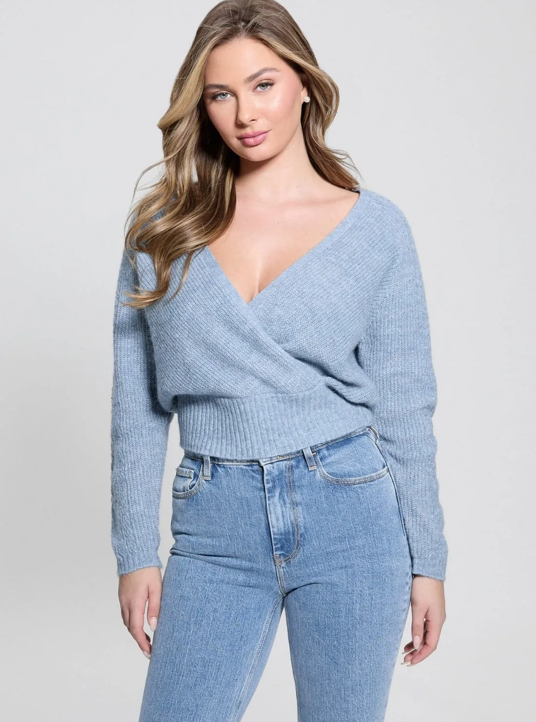 Sweater Rajut Wanita GUESS Blue Surplice Cable Kellie