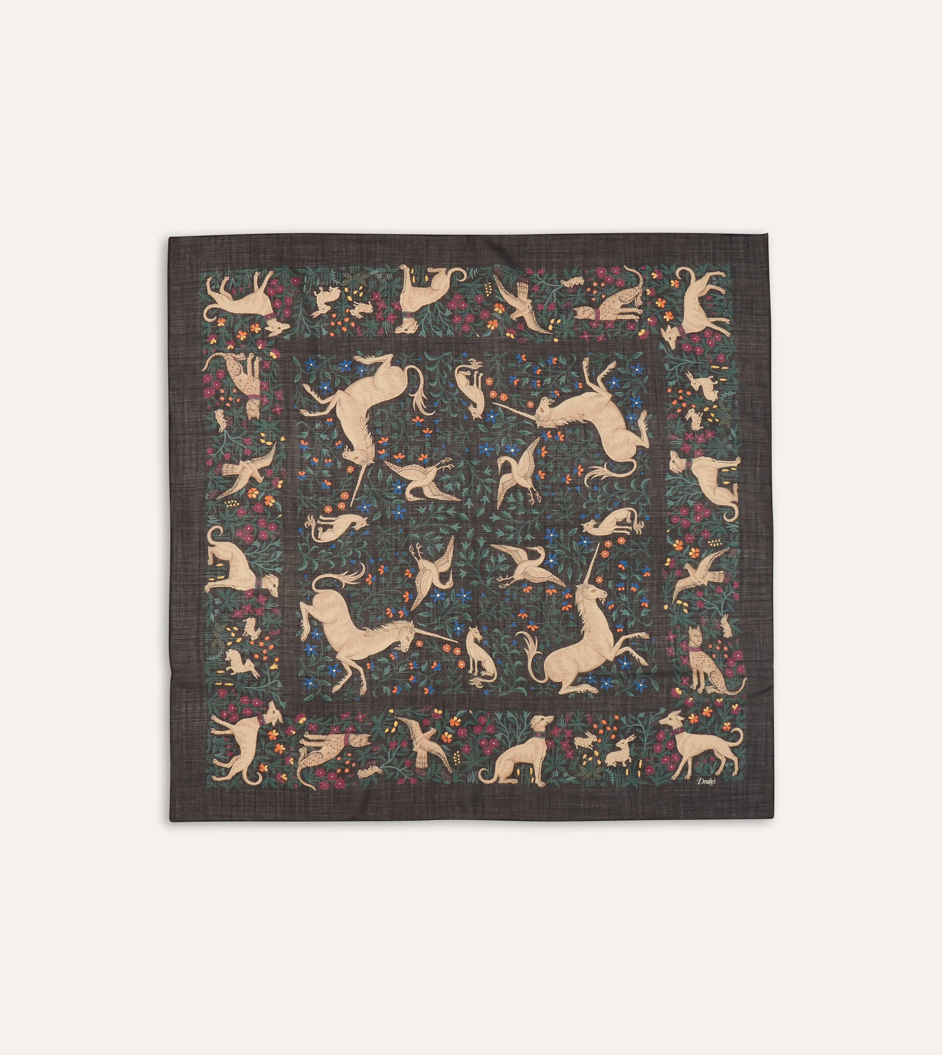 Syal Wool Silk Drake's Black Unicorn Print Ukuran 90x90 cm